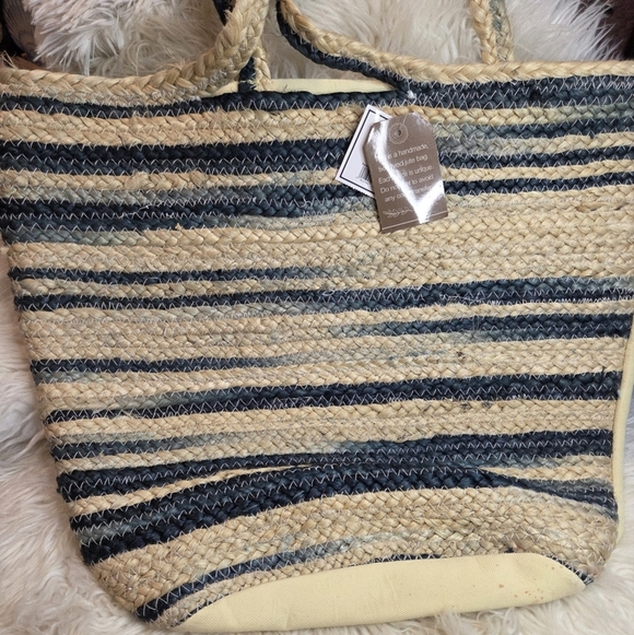 5B Style Handbags - 5B Style Striped Jute Straw Tote Bag Large